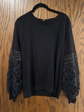 Sioni Black Lace & Crochet Sleeve Crewneck Sweater